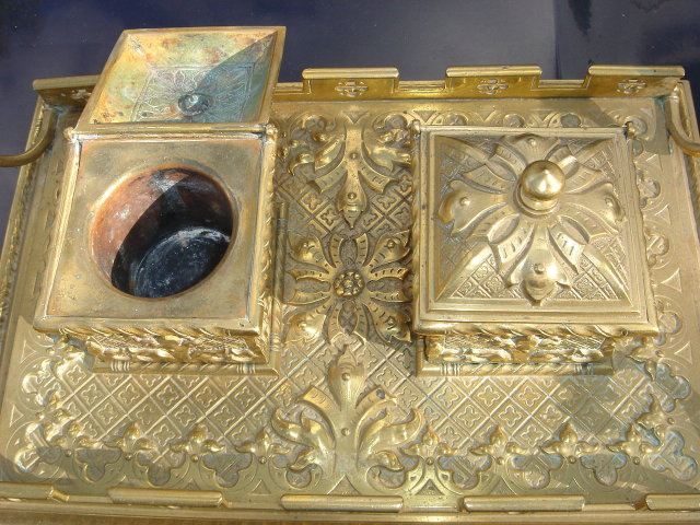 Beautiful ANTIQUE Solid Brass DOUBLE INKWELL on Ornate Handled Tray. ~ Circa 1880 ~ Germany with FRENCH Influence during era_ in EXCELLENT Condition