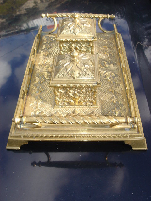 Beautiful ANTIQUE Solid Brass DOUBLE INKWELL on Ornate Handled Tray. ~ Circa 1880 ~ Germany with FRENCH Influence during era_ in EXCELLENT Condition