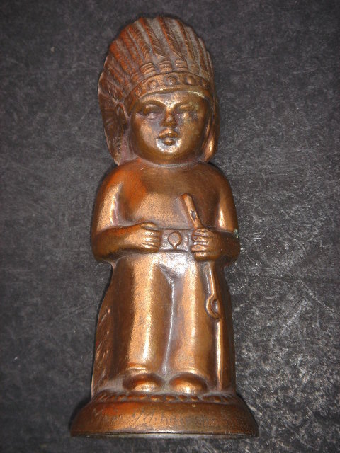 Collectible Bronzed Little Indian Boy Chief ~ METAL COIN BANK~ CIRCA 1950'S IN Excellent Condition ~ PROVENANCE _R.C.A.F. persons name + Quebec, Canada 1958