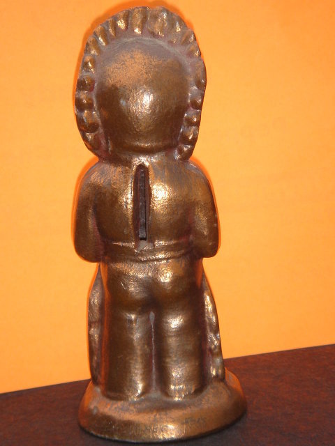 Collectible Bronzed Little Indian Boy Chief ~ METAL COIN BANK~ CIRCA 1950'S IN Excellent Condition ~ PROVENANCE _R.C.A.F. persons name + Quebec, Canada 1958