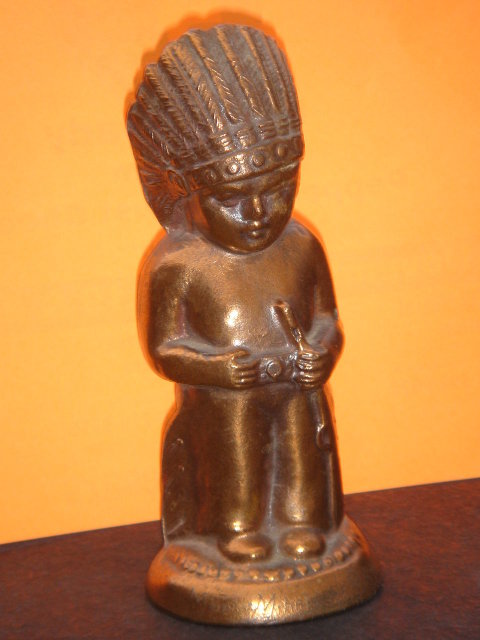 Collectible Bronzed Little Indian Boy Chief ~ METAL COIN BANK~ CIRCA 1950'S IN Excellent Condition ~ PROVENANCE _R.C.A.F. persons name + Quebec, Canada 1958