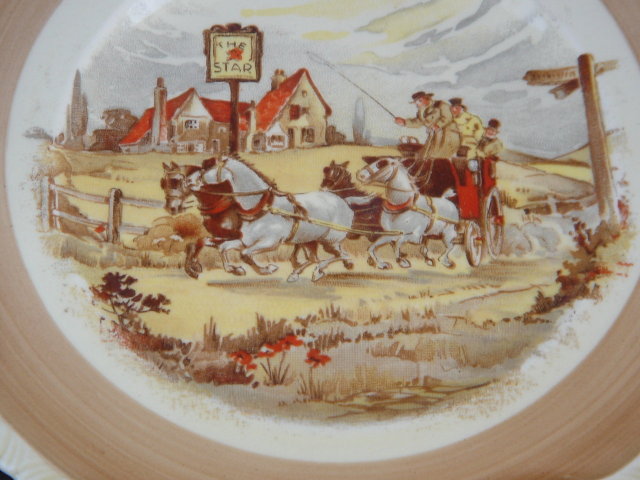 Collectible SIDE PLATES (2) Made by Newhall England ~ Old English Country Scene with Horses Pulling Stage Coach , Driver + Passengers with