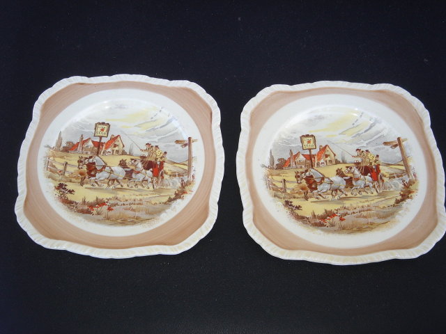 Collectible SIDE PLATES (2) Made by Newhall England ~ Old English Country Scene with Horses Pulling Stage Coach , Driver + Passengers with