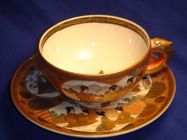 Early Meiji Period ~ Spectacular Satsuma GOLD Cup + Saucer ~ In Excellent Condition 19th Century Satsuma Authentic Mark, GOLD Cross in the Circle ~ Please CLICK on Pic 2X TO VIEW in LARGE SIZE _Good Value Gold $550.