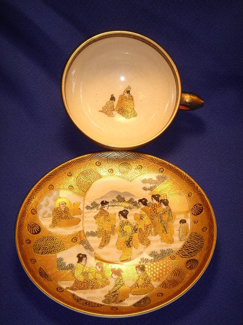 Early Meiji Period ~ Spectacular Satsuma GOLD Cup + Saucer ~ In Excellent Condition 19th Century Satsuma Authentic Mark, GOLD Cross in the Circle ~ Please CLICK on Pic 2X TO VIEW in LARGE SIZE _Good Value Gold $550.