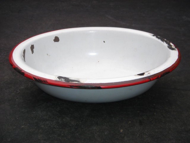Collectible ~ SMALL Red + White Enamel Oval Bowl