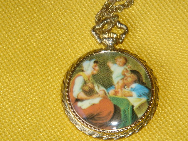 LADIES PENDANT Gold Style DUMAI MECHANICAL WIND-UP Watch with Antique Famous Masters Scene on the Back ~ Swiss Made. ~ EXCELLENT WORKING ORDER Size 1.25 Inches Wide