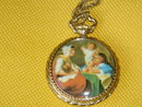 LADIES PENDANT Gold Style DUMAI MECHANICAL WIND-UP Watch with Antique Famous Masters Scene on the Back ~ Swiss Made. ~ EXCELLENT WORKING ORDER Size 1.25 Inches Wide