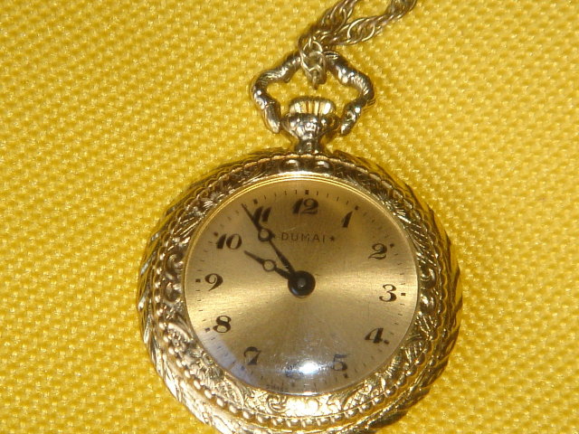 LADIES PENDANT Gold Style DUMAI MECHANICAL WIND-UP Watch with Antique Famous Masters Scene on the Back ~ Swiss Made. ~ EXCELLENT WORKING ORDER Size 1.25 Inches Wide