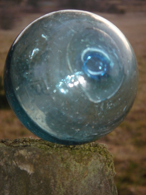 Nautical _ Find Beauty in this ORIENTAL GLASS FISHING FLOAT___Teal Color ___with Swirls and Bubbles in the Glass. STAMPED with Mark appears S or 5 __ In Excellent Condition.