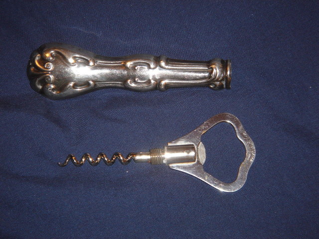 Sterling Silver CORK SCREW__ ORNATE HANDLE CORKSCREW with Bottle Opener. Germany In Excellent Condition.