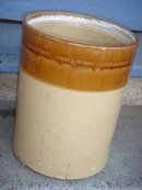 Antique CROCK SIZE 12 Inch HIGH x 10 Inch Wide x 10 Inches Deep ~ CROCK ~ with UNUSUAL GOLDEN BROWN RIBBED Marking Around Top Outer Edge __Due to Being Antique __as found __ Thought to be Early Canadian Crock