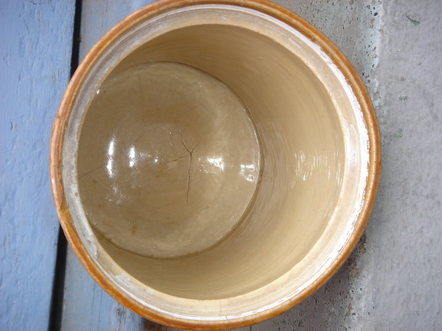 Antique CROCK SIZE 12 Inch HIGH x 10 Inch Wide x 10 Inches Deep ~ CROCK ~ with UNUSUAL GOLDEN BROWN RIBBED Marking Around Top Outer Edge __Due to Being Antique __as found __ Thought to be Early Canadian Crock