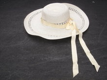 White BONNET with Cream Color Ribbon ~ 16 Inch Diameter ~ Woven Material