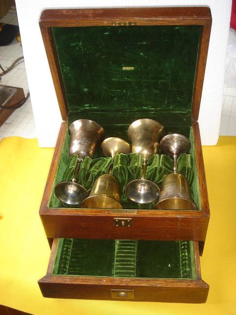 Antique ~ Circa 1910 ~ ARTS-N-CRAFTS era ~ BIRKS Canteen...WITH KEY + Made of Solid Oak.~ Store Wine Goblets~ with Drawer Below ~ Please Goblets in Pic for Display Only