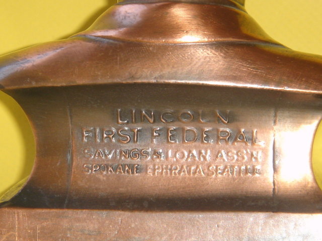 Collectible COIN BANK ~ Abraham Lincoln Coin Bank ~ Metal ~ Copper / Bronzed Finish~ Lincoln First Federal Savings & Loan Assn Spokane -Ephrata- Seattle
