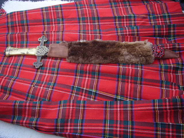 Antique Militaria _BANDSMAN'S Short SWORD _Circa 1840-1890 Attributed to German Sword Maker MOLE_ GvR Stamped Hilt _ SOLID BRASS with Steel Blade & Custom-Made BEAVER Skin Sheath with RED Brooch + NO SALES TAXES to USA + NO SALES TAXES to CANADA