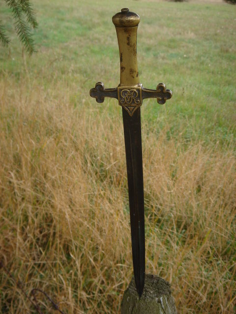 Antique Militaria _BANDSMAN'S Short SWORD _Circa 1840-1890 Attributed to German Sword Maker MOLE_ GvR Stamped Hilt _ SOLID BRASS with Steel Blade & Custom-Made BEAVER Skin Sheath with RED Brooch + NO SALES TAXES to USA + NO SALES TAXES to CANADA