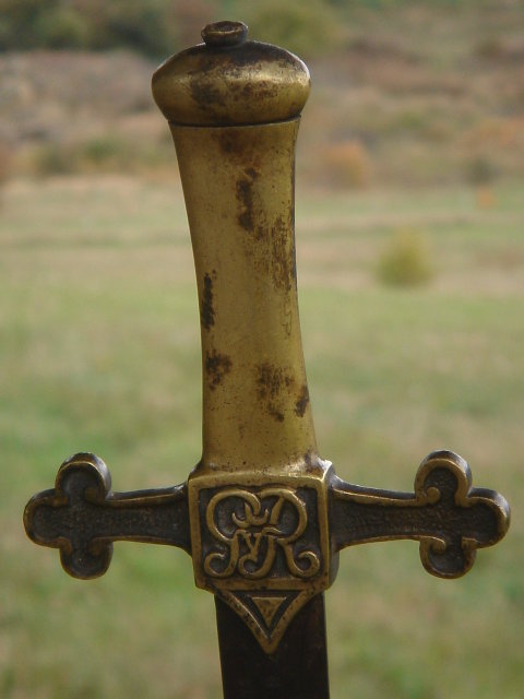 Antique Militaria _BANDSMAN'S Short SWORD _Circa 1840-1890 Attributed to German Sword Maker MOLE_ GvR Stamped Hilt _ SOLID BRASS with Steel Blade & Custom-Made BEAVER Skin Sheath with RED Brooch + NO SALES TAXES to USA + NO SALES TAXES to CANADA