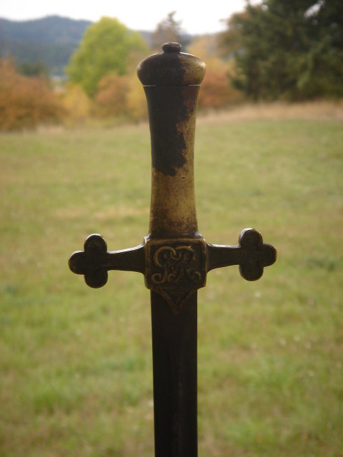 Antique Militaria _BANDSMAN'S Short SWORD _Circa 1840-1890 Attributed to German Sword Maker MOLE_ GvR Stamped Hilt _ SOLID BRASS with Steel Blade & Custom-Made BEAVER Skin Sheath with RED Brooch + NO SALES TAXES to USA + NO SALES TAXES to CANADA