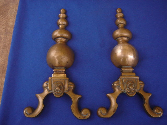 SOLID BRONZE ___Antique FIREPLACE ANDIRONS With LIONS HEAD Design _ SOLID BRONZE_ Beautiful