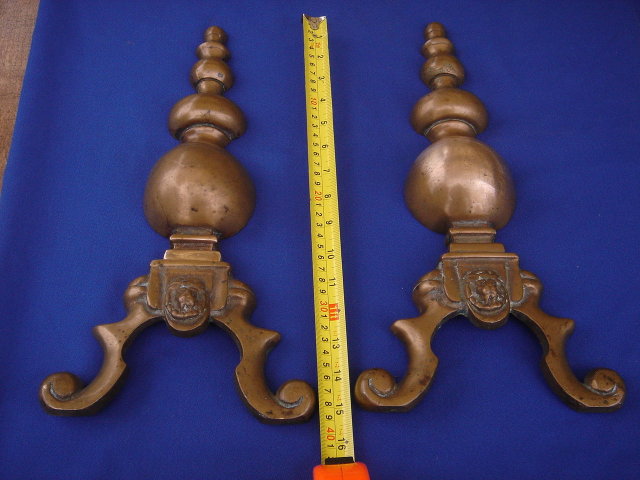 SOLID BRONZE ___Antique FIREPLACE ANDIRONS With LIONS HEAD Design _ SOLID BRONZE_ Beautiful
