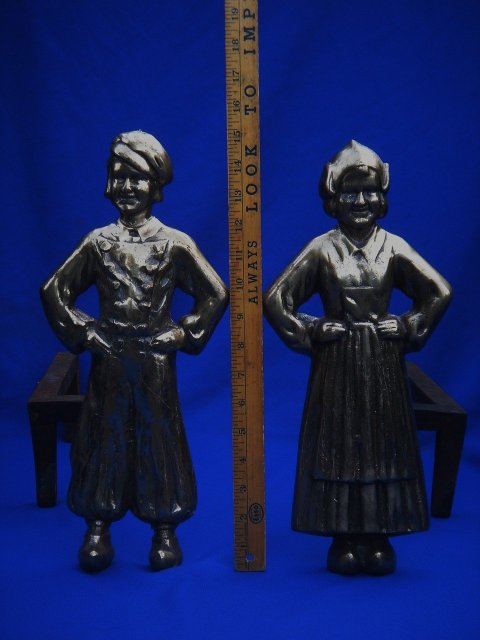 Antique Solid BRASS+ HEAVY 27.75 LBS. QUALITY DUTCH BOY + GIRL ANDIRONS