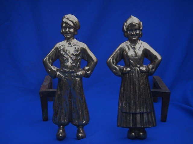 Antique Solid BRASS+ HEAVY 27.75 LBS. QUALITY DUTCH BOY + GIRL ANDIRONS