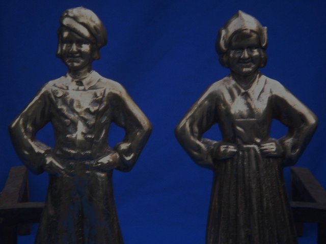 Antique Solid BRASS+ HEAVY 27.75 LBS. QUALITY DUTCH BOY + GIRL ANDIRONS