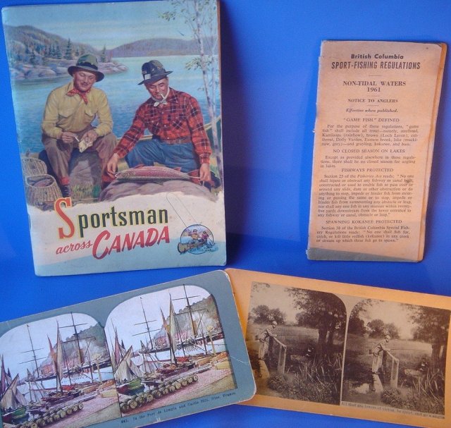RARE FIND Our First Ever to Have In Stock__40 BEAUTIFUL PAGES of Sports FISHING Memories ADVERTISING COLLECTIBLE in this SPORTSMAN Guide from the cigarette company, 1961 B.C. Fishing Guide, 2 Fishing theme Antique Stereoview Cards