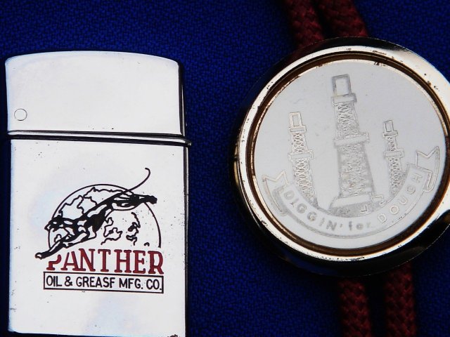 Collectible _PANTHER OIL & GREASE Mfg. Co._ Cigarette LIGHTER _SIGNED by C.E.O _ A.B. CANNING__ Metro brand Japan _OIL WELL BOLLO TIE _ Gold style