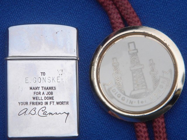 Collectible _PANTHER OIL & GREASE Mfg. Co._ Cigarette LIGHTER _SIGNED by C.E.O _ A.B. CANNING__ Metro brand Japan _OIL WELL BOLLO TIE _ Gold style