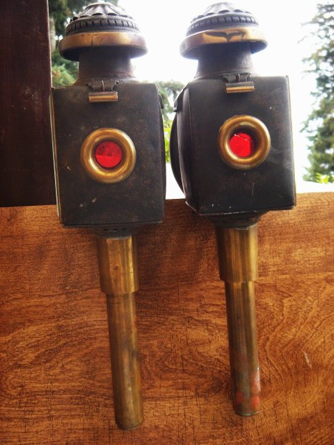 Antique Circa 1850 PAIR Carriage Candle Lamps _Features OVAL CONVEX BEVELLED GLASS + Square Bevelled Glass Window showing PUSH THRU CANDLES + NO SALES TAXES