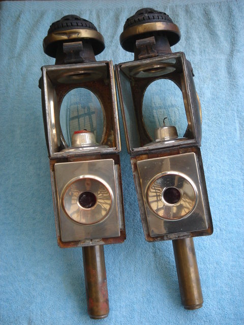 Antique Circa 1850 PAIR Carriage Candle Lamps _Features OVAL CONVEX BEVELLED GLASS + Square Bevelled Glass Window showing PUSH THRU CANDLES + NO SALES TAXES