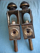Antique Circa 1850 PAIR Carriage Candle Lamps _Features OVAL CONVEX BEVELLED GLASS + Square Bevelled Glass Window showing PUSH THRU CANDLES + NO SALES TAXES