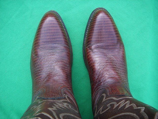 COMPARE at $500.00 _as New Western COWBOY BOOTS __in the Style of LAREDO Brand with Brass Tipped Toes__IGUANA LIZARD on feet Combined Leather Uppers__as new __Pair__Men's Size 8 1/2 NO SALES TAXES to USA + NO SALES TAXES to CANADA SAVINGS RIGHT NOW