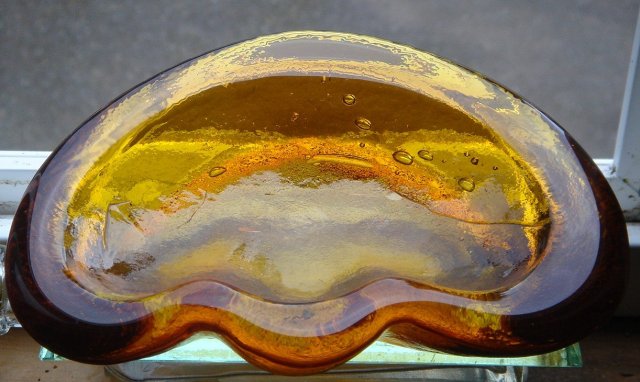 Blenko Blown Glass ASHTRAY _Art Glass_ Amber Glass Clamshell Freeform Design by Winslow Anderson 1950's