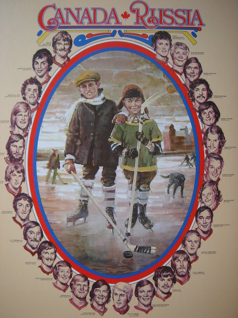 Professionally DRY MOUNTED POSTER ART _Sports Memorabilia Vintage 1974 Team CANADA vs Russia HOCKEY Poster Features Paul Henderson # 19 Team Canada etc AND One Canada Russia Mini WOODEN HOCKEY STICK_ Professionally Dry Mounted_ Size 23