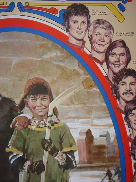Professionally DRY MOUNTED POSTER ART _Sports Memorabilia Vintage 1974 Team CANADA vs Russia HOCKEY Poster Features Paul Henderson # 19 Team Canada etc AND One Canada Russia Mini WOODEN HOCKEY STICK_ Professionally Dry Mounted_ Size 23