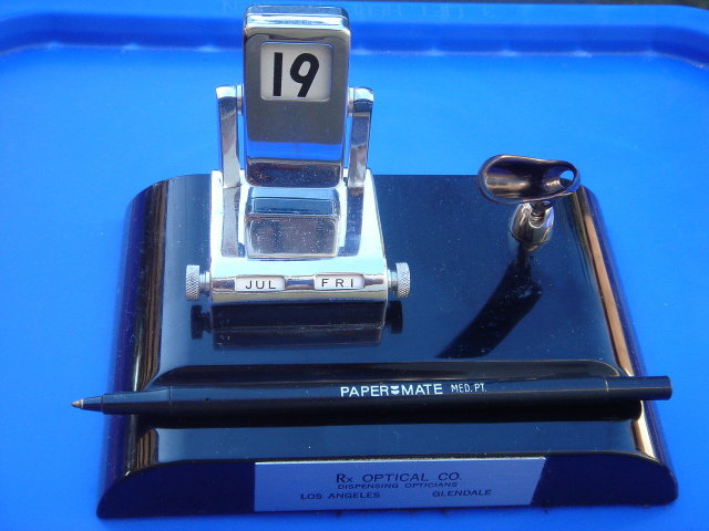 Vintage Desk Set _Calendar Month,Day,Date , Folds over, PAPERMATE Pen , Well Holder Vintage Metal tag Reads Rx Optical Co Dispensing Opticians Los Angeles _Glendale