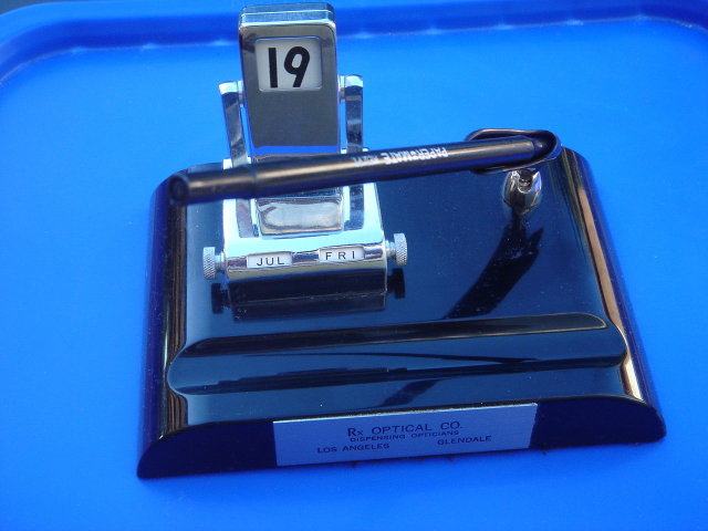 Vintage Desk Set _Calendar Month,Day,Date , Folds over, PAPERMATE Pen , Well Holder Vintage Metal tag Reads Rx Optical Co Dispensing Opticians Los Angeles _Glendale
