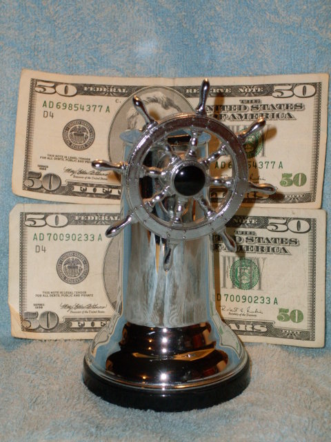 Nautical _Most unusal to Find in Mint Condition: Chrome SHIPS WHEEL Lighter. Circa 1952 _Owners bought at time of visit on The Delta Queen Paddlewheeler U.S.A. Note: Black Ring on Base Rare Find.