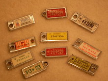 Automobiles / Cars __LOT of 10 Vintage WAR AMPS Miniature License Plate KEY Tags _ONE LOT of TEN_ 1960' s-80's PLUS ONE TAG Hawaii JOHN Aloha State with brass chain