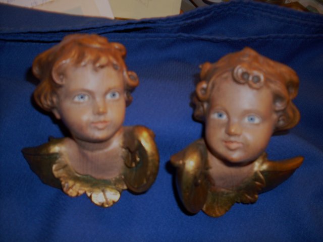 RIFFINGTON ESTATE _ Circa 1900 _ GOLD GILT _PAIR of Hand-Carved Cherubs _ Tyrolian area , Germany. Wood Grain Faces + Hand-Painted Eyes, Gold Gilt Wings. Beautiful Pair.
