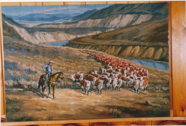 Original ART OIL PAINTING American / CANADIAN ART _Signed: Jack Lee McLean_Title: Cowboy on his Horse Cattle Crossing River _one only