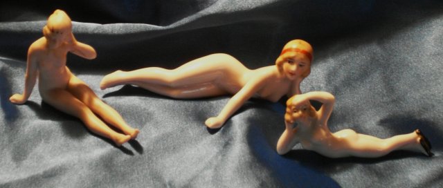 YOU FOUND IT !!! Our Service to Have IN STOCK _C. 1920 Art Deco _ 3_German Porcelain Figurines NUDE Lady_Bathing Beauties or Naughty Nudies