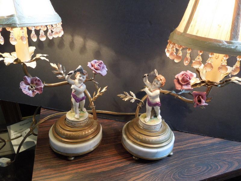 19th, Pr. of French Cherub Lamps, Bronze , China, Marble