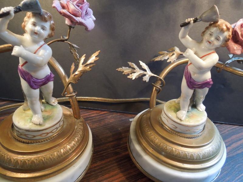19th, Pr. of French Cherub Lamps, Bronze , China, Marble