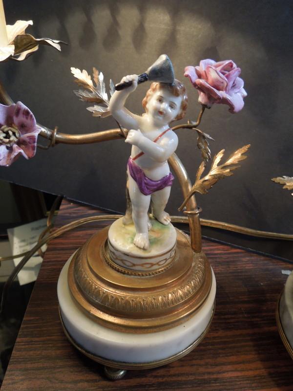 19th, Pr. of French Cherub Lamps, Bronze , China, Marble