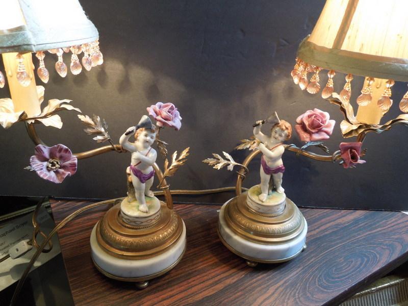 19th, Pr. of French Cherub Lamps, Bronze , China, Marble